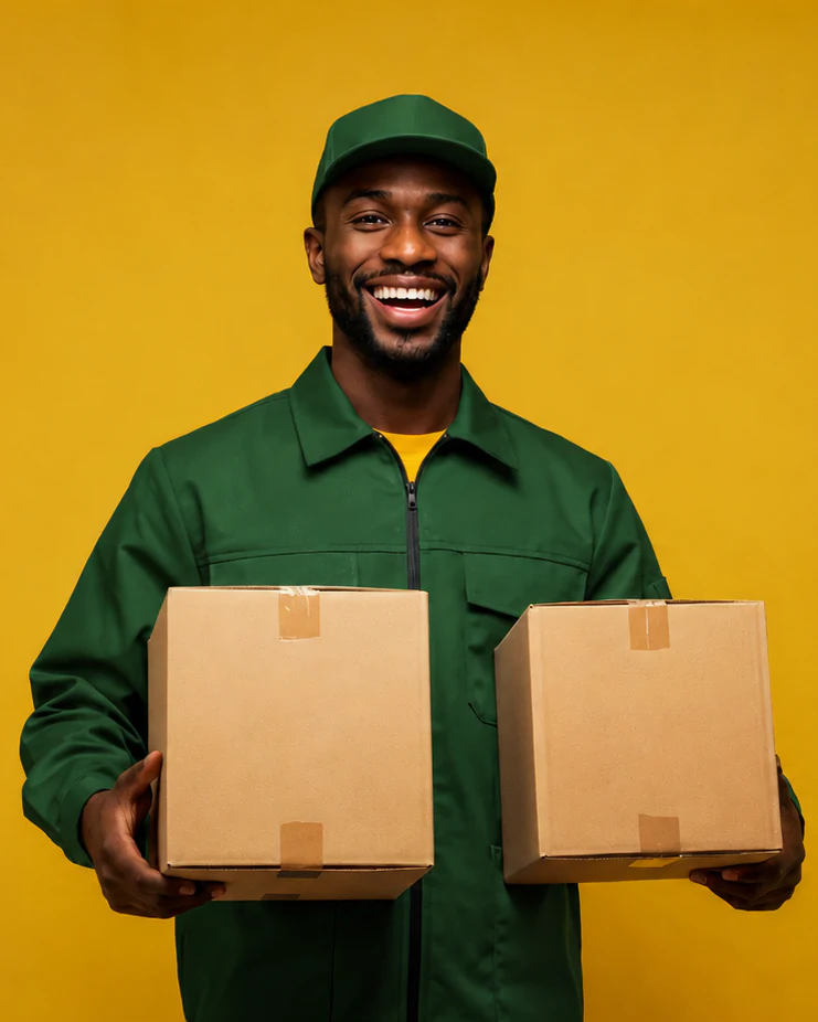 A smiling Eversure courier carrying two parcels