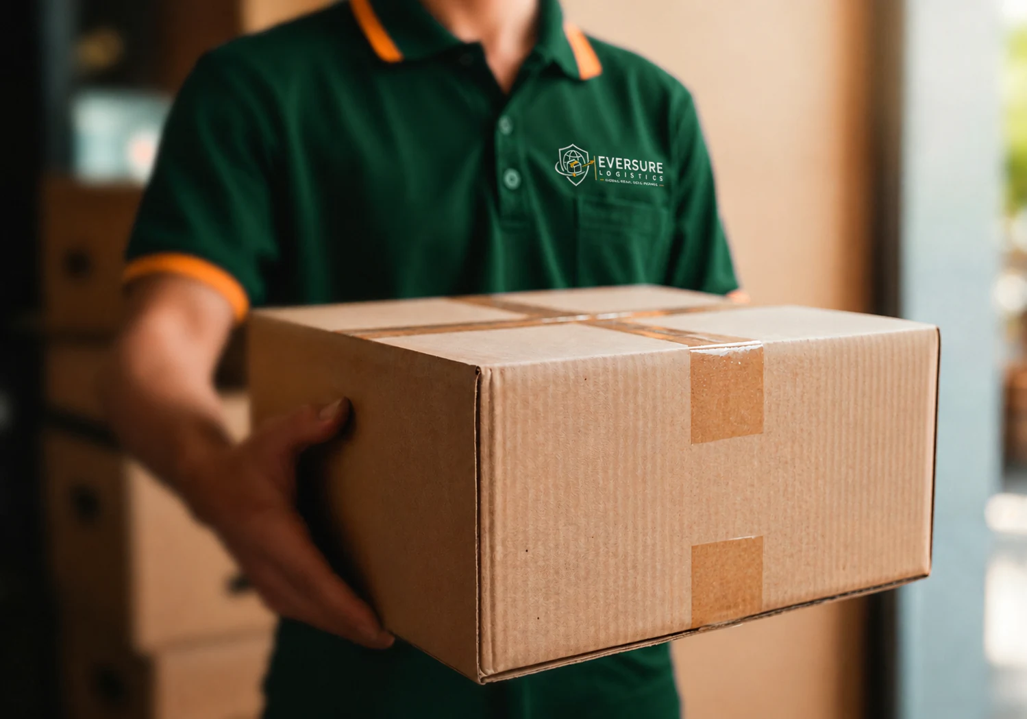An Eversure courier holding a sealed parcel, shelved stock behind him